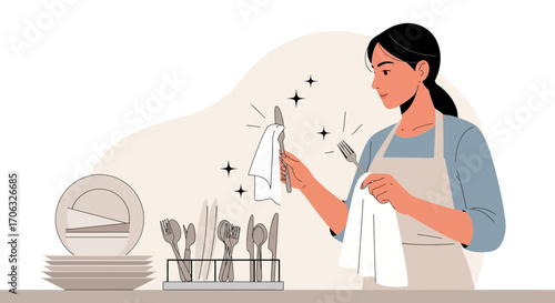 Woman Polishing Cutlery and Preparing Dishes for a Clean and Organized Dinner Celebration