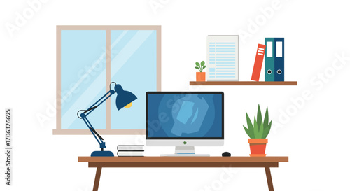 A desk with a computer lamp books and plants in front of a window and shelf