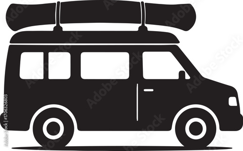 Camper Van Silhouette with Canoe on Roof Adventure Travel Vector Illustration for Vanlife Lifestyle