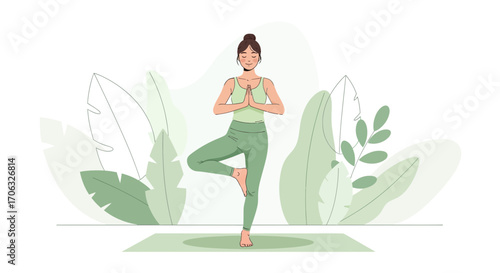Woman Practices Yoga Pose Outdoors Surrounded By Leafy Greenery For Peaceful Moments