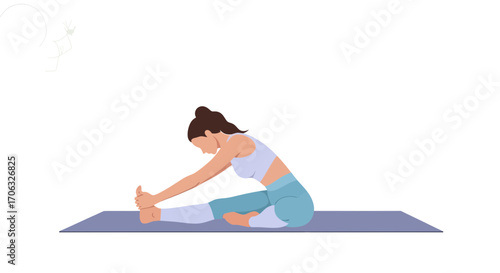 Woman Practices Yoga, Stretching Asana, Meditation, And Mental Wellness, On Exercise Mat