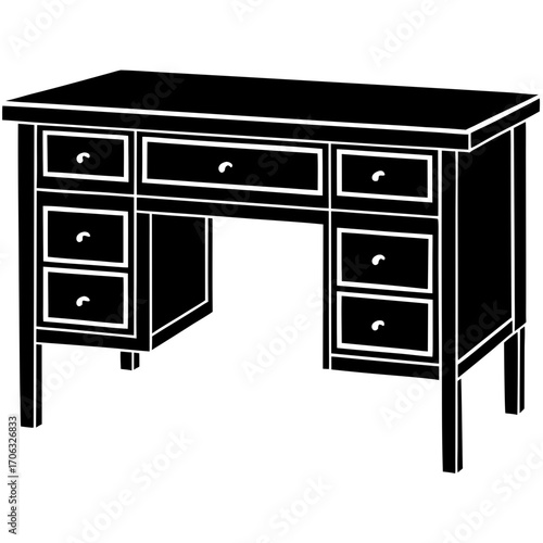 Classic wooden desk with multiple drawers and a spacious surface silhouette isolated on white background