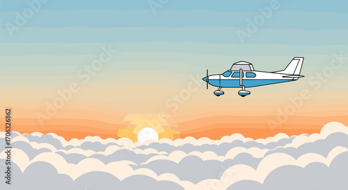 Illustration of a blue and white airplane flying over clouds at sunset time