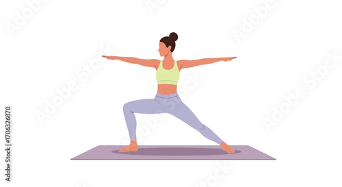 Woman Practices Yoga Warrior Pose On a Mat, Simple Outline Illustration In Studio