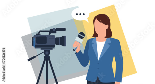 A female reporter with a microphone standing next to a video camera on tripod