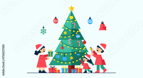 Family decorating a christmas tree with ornaments and gifts on a white background