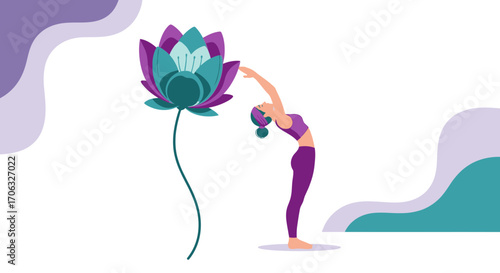 Woman Practicing Yoga Near Elegant Flower, Represents Wellness and Inner Peace