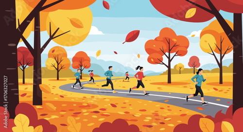 People are running on a path in an autumn landscape with trees and falling leaves