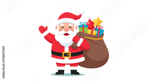 Illustration of santa claus waving with a sack full of gifts and christmas items