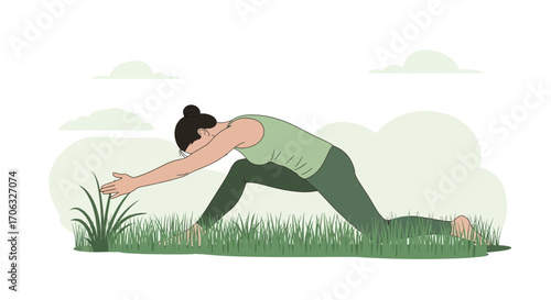 Woman Practicing Yoga Pose Among Grass And Clouds For Wellness And Tranquility