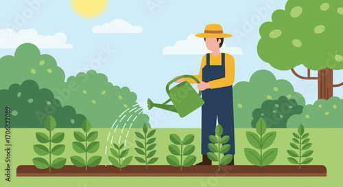 A gardener in overalls watering plants in a garden with a watering can outdoors