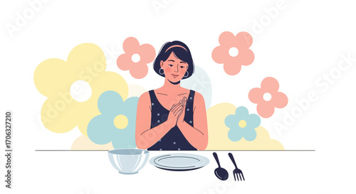 Woman Prepared To Enjoy Delicious Meal With Flowers Displayed On The Background