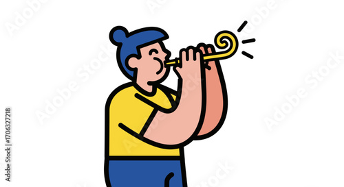 Person with blue hair blowing a yellow party horn with sound waves around it