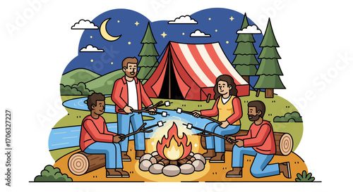 Group of friends roasting marshmallows around a campfire at night near a tent
