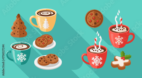 A festive arrangement of hot cocoa mugs and cookies on a teal background scene