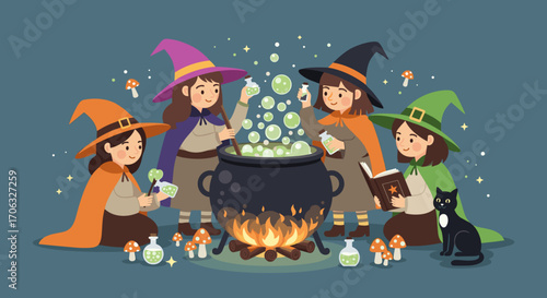 Four witches brewing a potion in a cauldron with a black cat and mushrooms nearby