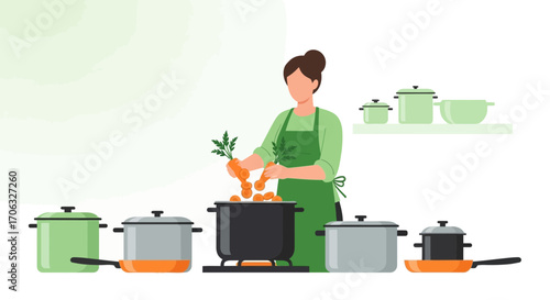 Woman Prepares Delicious Food Adding Carrots Into Cooking Pot In Modern Kitchen