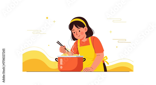 Woman Prepares Delicious Chinese Noodles Dish In A Bright And Colorful Kitchen Setting