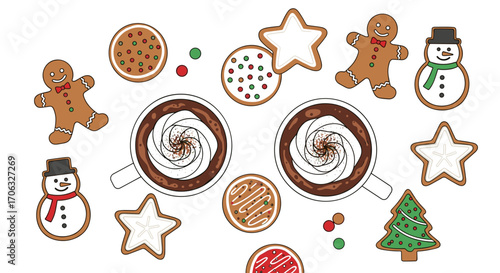 Overhead view of two mugs of hot chocolate with christmas cookies around them