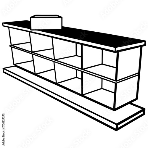 A black and white silhouette of a multi compartment shelving unit with a box on top isolated on white background