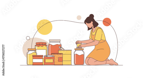 Woman Prepares Food Jars With Preserved Contents and Ingredients Illustration