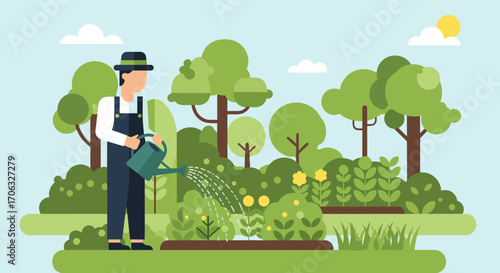 Illustration of a gardener watering plants in a lush garden with trees and sun light