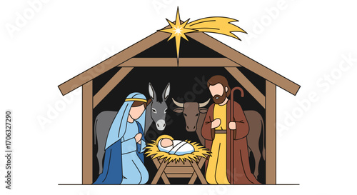 Illustration of the nativity scene with mary joseph and baby jesus in a manger