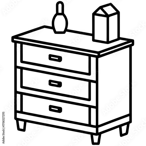 Line art silhouette of a three drawer dresser with a vase and carton on top isolated on white background