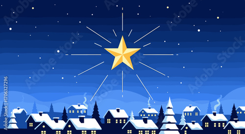Illustration of a winter village under a shining star in the night sky above