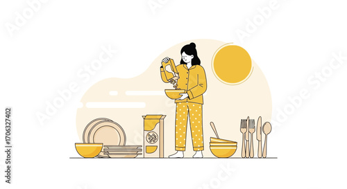 Woman Preparing Breakfast In Pajamas: A Gentle Morning Routine With Cereal And Sunshine