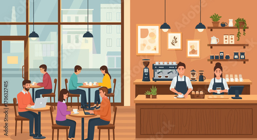 Illustration of people in a cafe with baristas and customers at tables inside