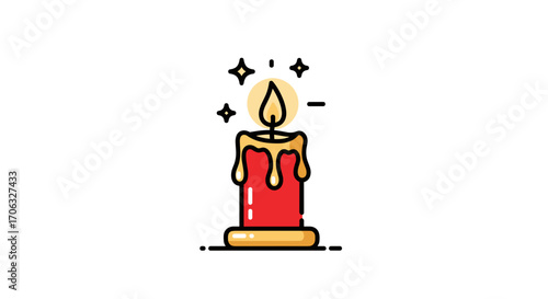 Illustration of a red candle with a golden base and dripping wax with stars