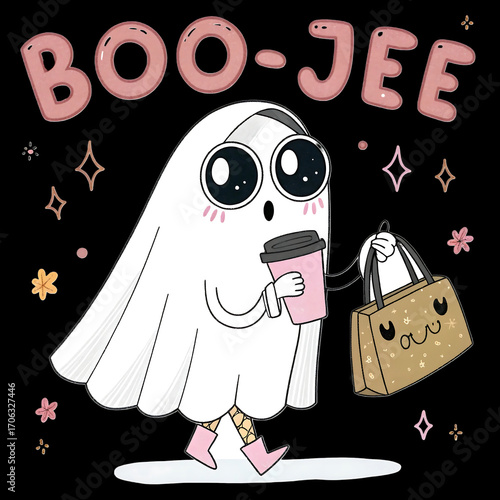 Cute cartoon ghost holding coffee and bag isolated on transparent background