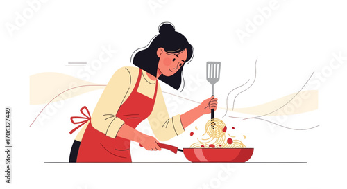 Woman Cooking Pasta: A Vector Illustration Demonstrating Culinary Skill And Delight