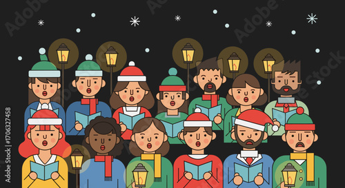 A christmas choir singing carols under street lamps with snow falling above them