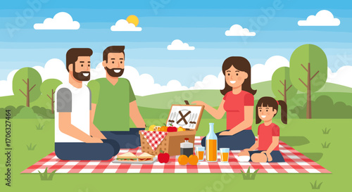 Family enjoying a picnic on a red and white checkered blanket in a green field