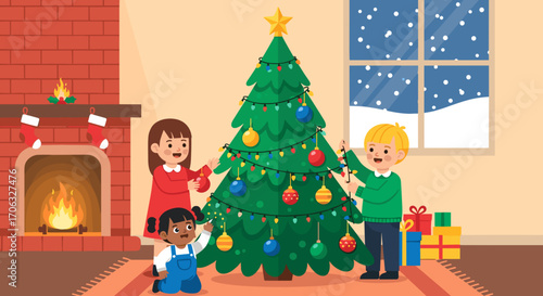 Children decorating a christmas tree with ornaments in a cozy living room scene