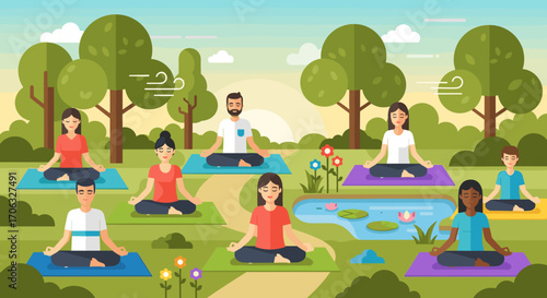 A group of diverse people meditating in a park with trees and a small pond nearby
