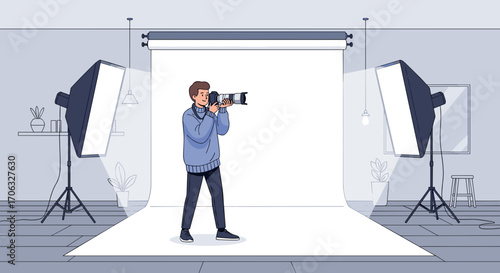 A photographer in a studio with lights and a white backdrop taking a picture