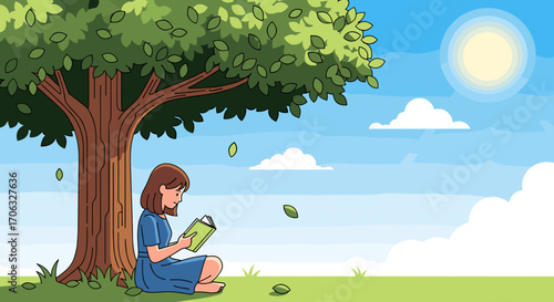 A woman sitting under a tree reading a book on a sunny day with a blue sky view