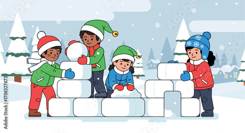 Children building a snow fort with snow blocks in a winter wonderland scene