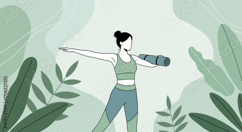 Woman Doing Yoga In Nature With A Workout Mat For Healthy Lifestyle