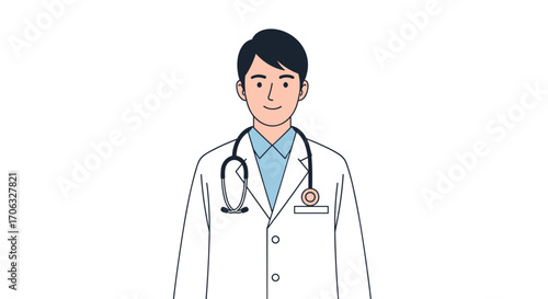 Illustration of a doctor with a stethoscope wearing a white coat and blue shirt