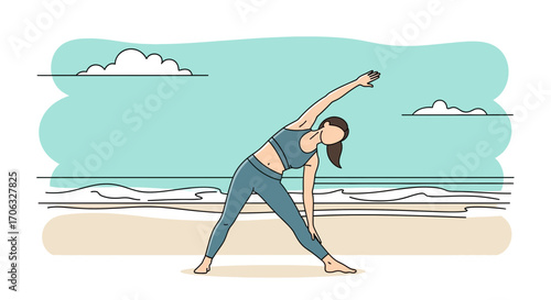 Woman Doing Yoga Pose On Beach With Ocean Background For Health And Relaxation