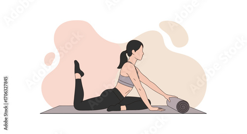 Woman Doing Yoga Pose While Rolling Mat In Preparation For Exercise Session