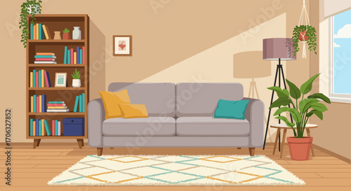 Illustration of a living room with a sofa bookcase and indoor plants inside