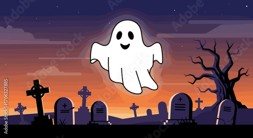 Cartoon ghost hovers over a graveyard with tombstones and a spooky tree at night