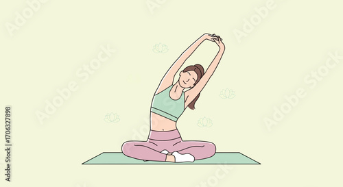 Woman Doing Yoga, Exercising, Stretching and Relaxing with a Positive and Serene Expression