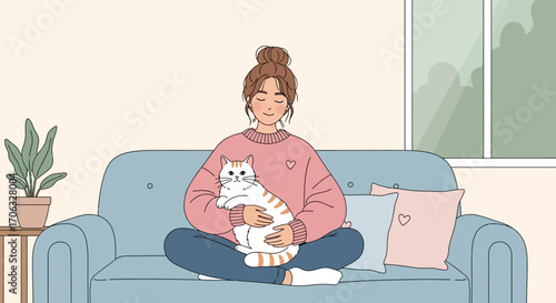 Woman Embracing A Cat On A Sofa, Enjoying Time And A Calming Lifestyle