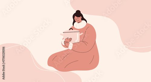Woman Embraces Casserole, Illustrated Comfort And Culinary Joy In Pastel Tones for Stock